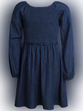 One Step Up Smocked Long Sleeve Denim Dress